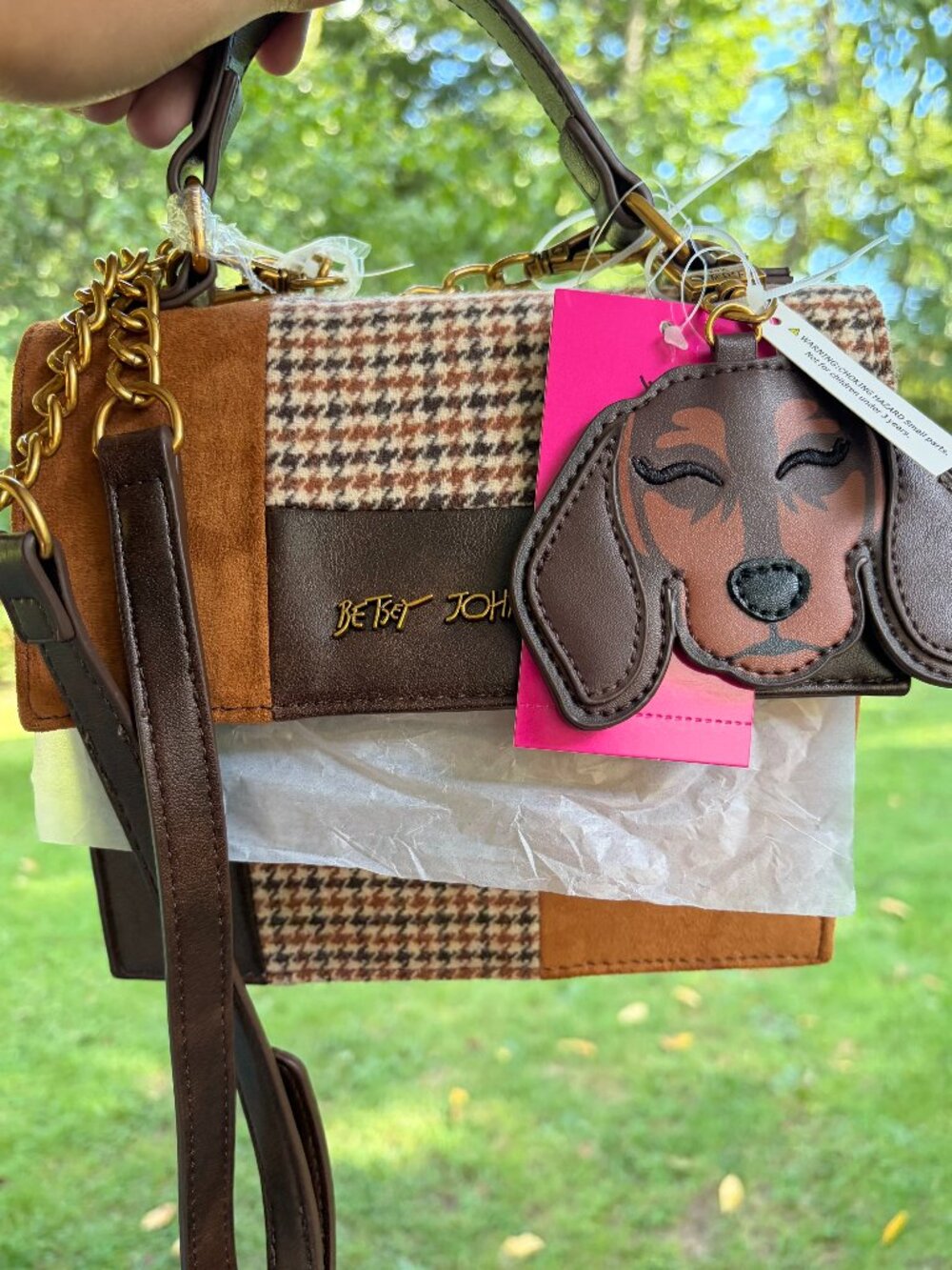 NWT Betsey Johnson Brown Plaid Houndstooth Patchwork Dog Crossbody Satchel